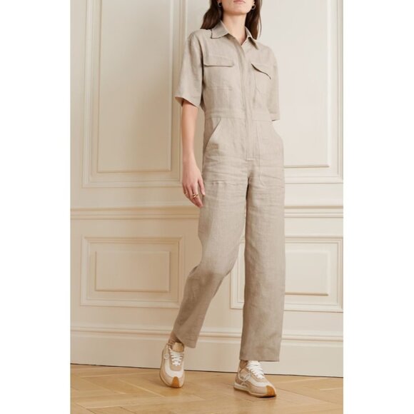 Rivet Utility Womens Dynamo Linen Jumpsuit Mid Weight Short Sleeve Ecru Small